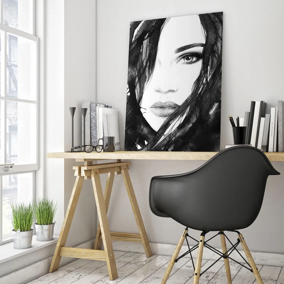 Obraz na skle - Portrét dámy v černé a bílé - 50x70 cm