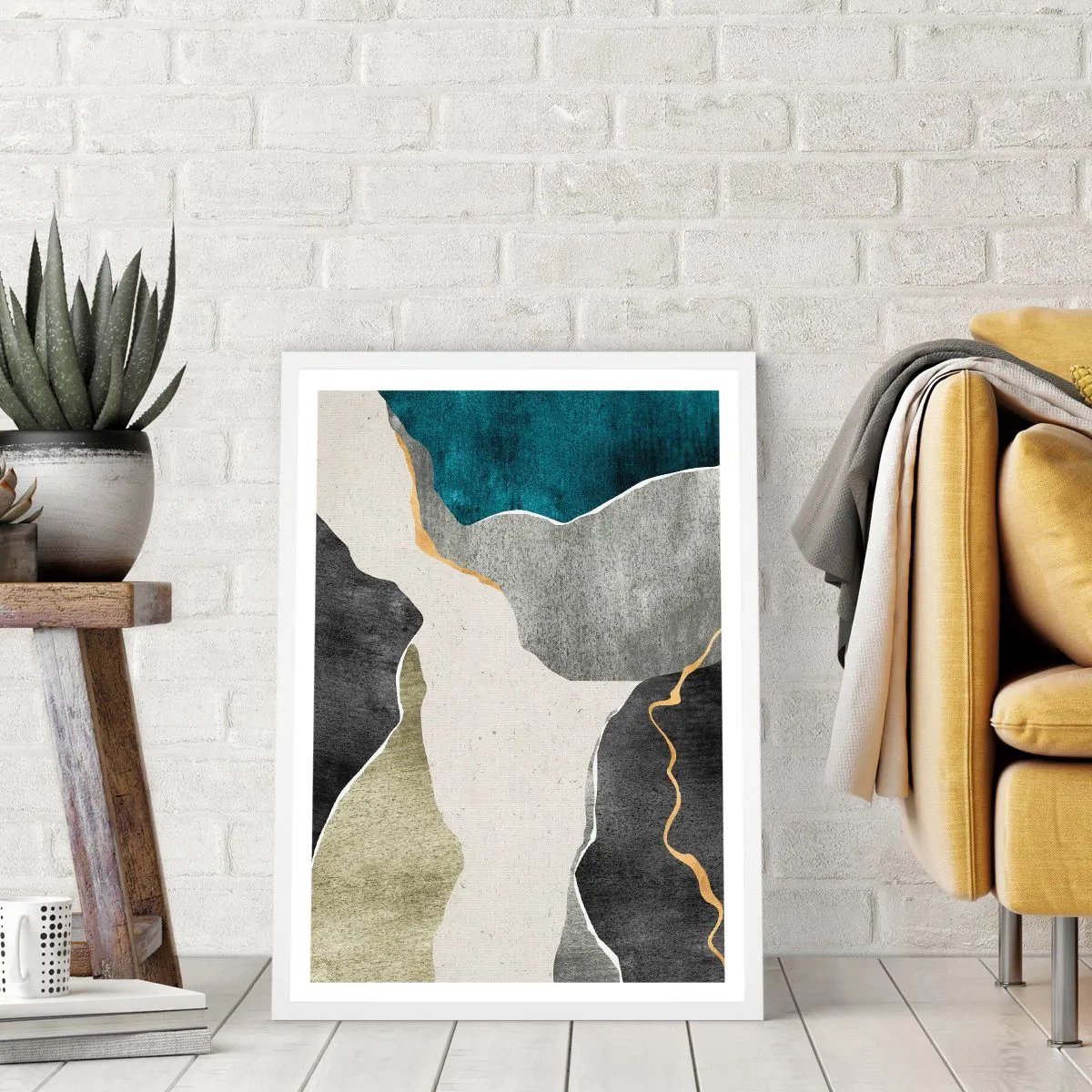 Plakát v bílém rámu - Mozaiková kompozice se zlatou nití - 70x100 cm