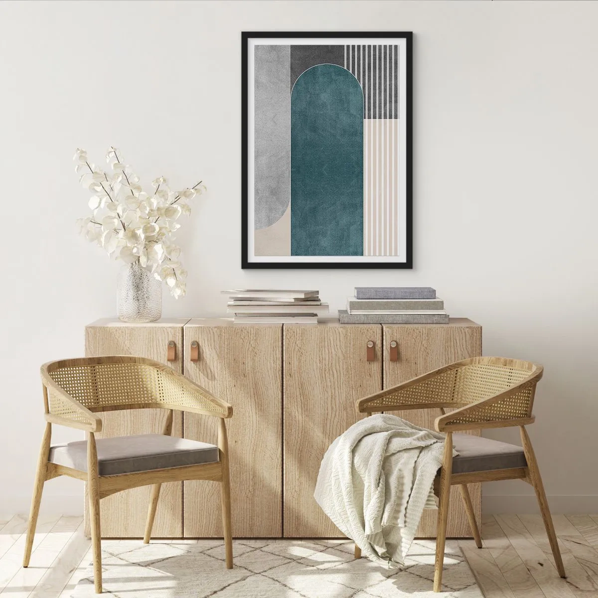 Plakát v černém rámu - Geometrická kompozice v odstínech zelené a šedé - 50x70cm - Kompozice na úrovni - Moderní nástěnná dekorace do obývacího pokoje a ložnice ARTTOR