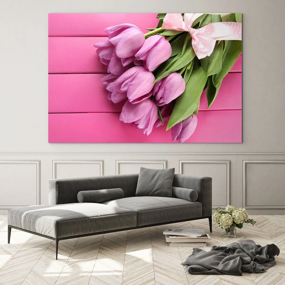 Obraz na skle - Kytice růžových tulipánů na dřevěném pozadí - 70x50cm - Právě pro tebe - Moderní nástěnná dekorace do obývacího pokoje a ložnice ARTTOR
