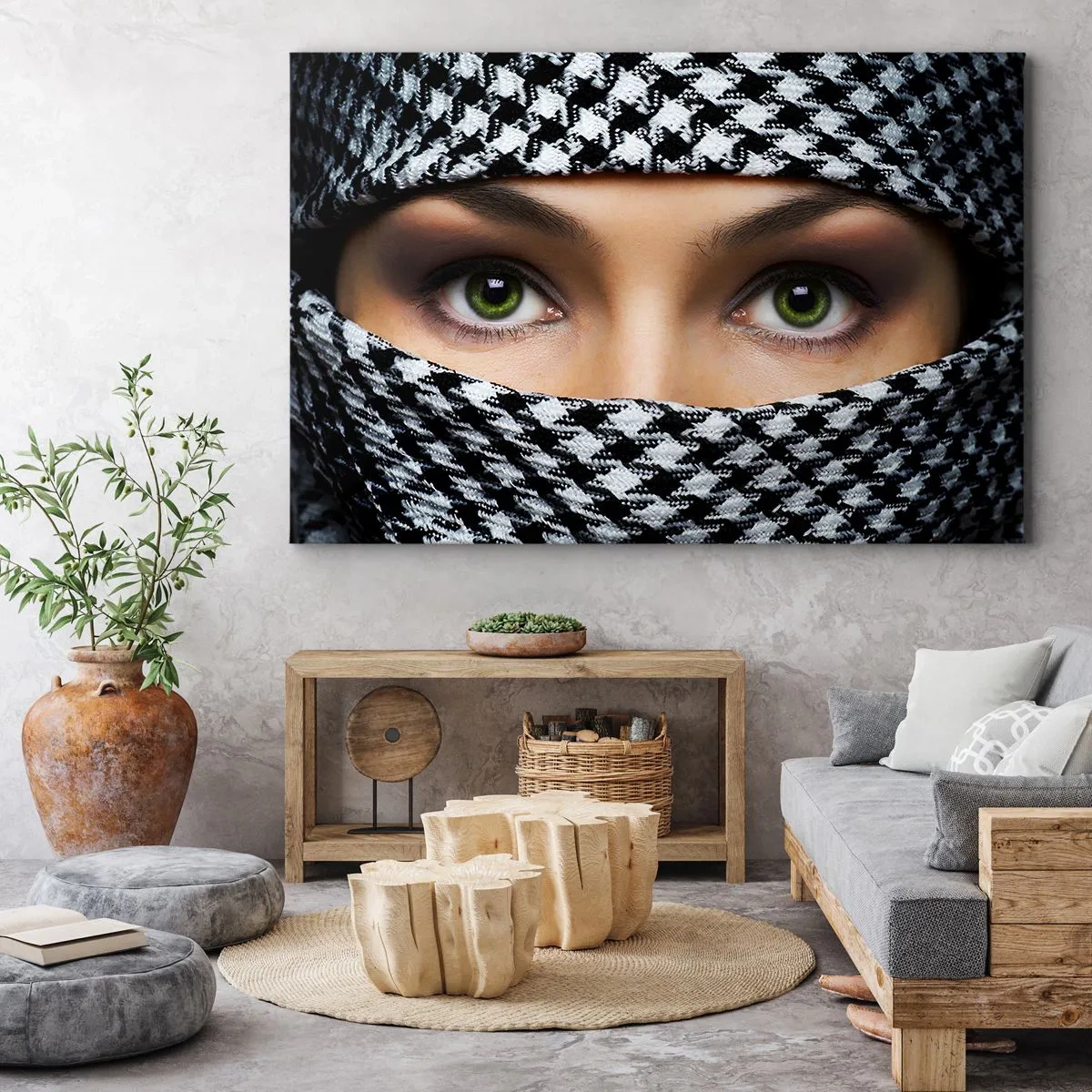 Obraz na plátně - Zelené oči ženy jsou skryté za vzorovanou látkou v černé a bílé barvě. - 70x50cm - Portrét zahalené zelenooké krásky - Moderní nástěnná dekorace do obývacího pokoje a ložnice ARTTOR
