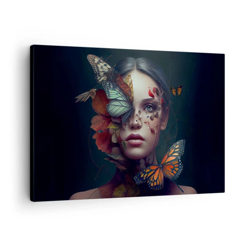Obraz na plátně - Portrét ženy s motýly a rostlinnými prvky - 70x50cm - Nádherná metamorfóza - Moderní nástěnná dekorace do obývacího pokoje a ložnice ARTTOR