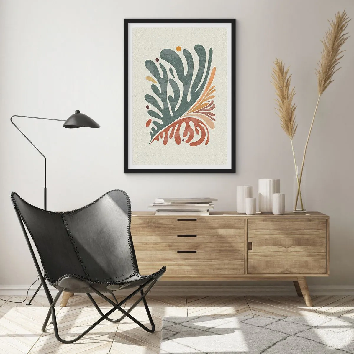 Plakát v černém rámu - Botanický listový vzor v zelených a hnědých tónech - 50x70cm - Vícebarevný list - Moderní nástěnná dekorace do obývacího pokoje a ložnice ARTTOR