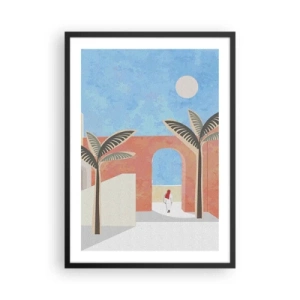 Plakát v černém rámu - Minimalistická scenérie s palmami a obloukem - 50x70cm - Arabský den - Moderní nástěnná dekorace do obývacího pokoje a ložnice ARTTOR