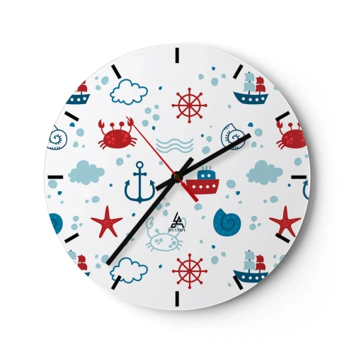 Nástěnné hodiny - Námořní motivy v bílé, modré a červené barvě - 30x30cm - Mořská pohádka - Moderní nástěnná dekorace do obývacího pokoje, kuchyně a ložnice ARTTOR