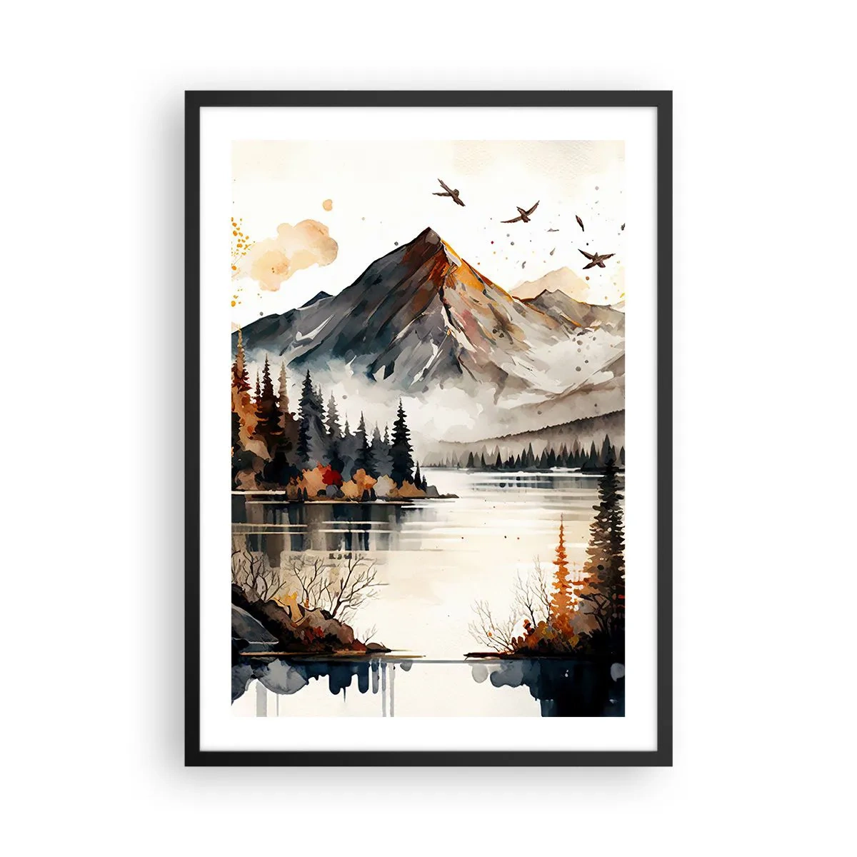 Plakát v černém rámu - Podzimní horská krajina nad tichým jezerem - 50x70cm - Zlatý podzim na horách - Moderní nástěnná dekorace do obývacího pokoje a ložnice ARTTOR