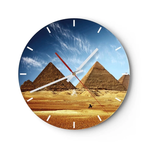 Nástěnné hodiny - Pyramidy v Gíze proti modré obloze - 30x30cm - 40 století se na vás dívá - Moderní nástěnná dekorace do obývacího pokoje, kuchyně a ložnice ARTTOR