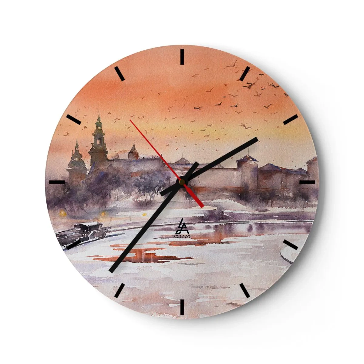 Nástěnné hodiny - Západ slunce nad hradem s řekou a ptáky na obloze - 30x30cm - Královský západ slunce - Moderní nástěnná dekorace do obývacího pokoje, kuchyně a ložnice ARTTOR