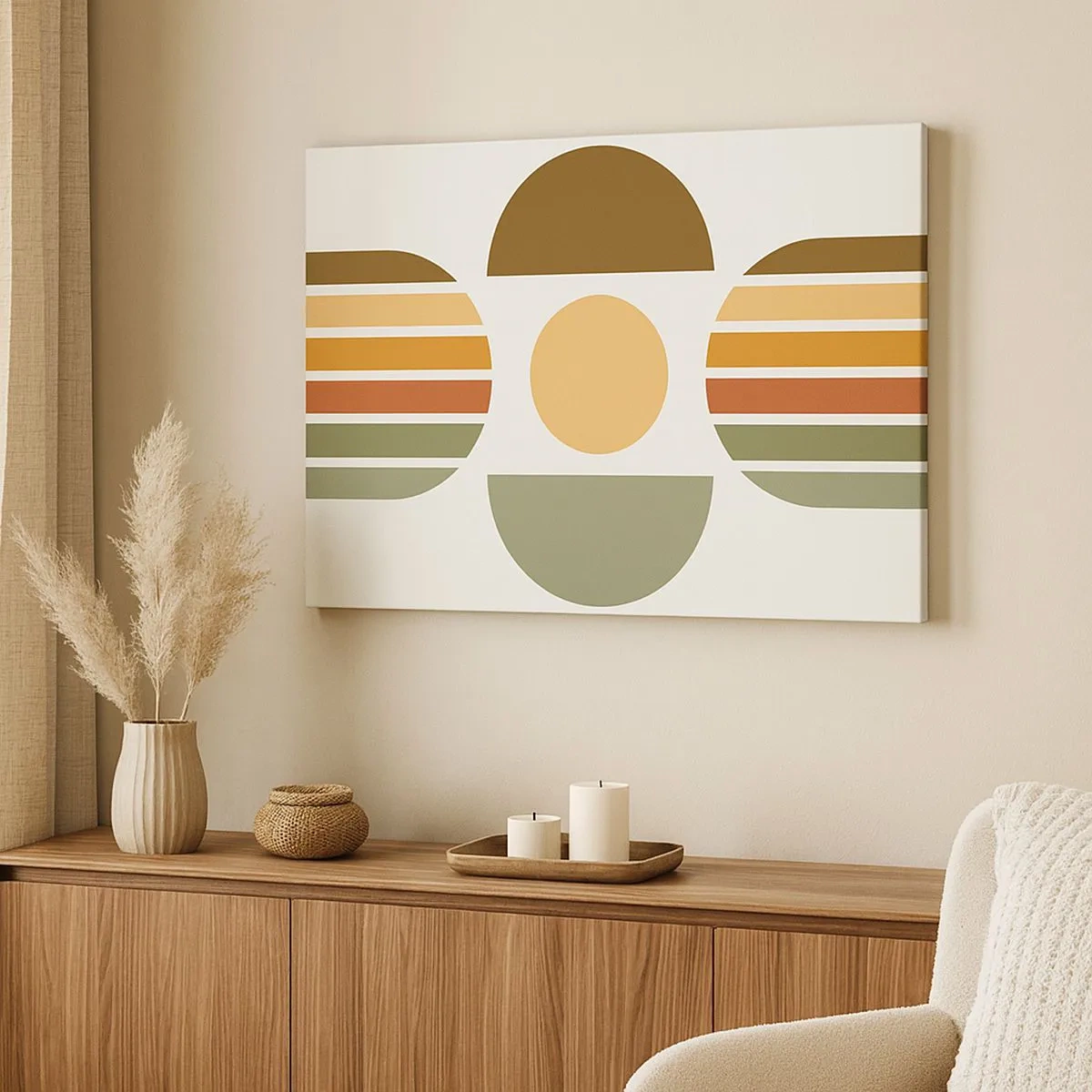 Obraz na plátně - Geometrická kompozice s půlkruhy a pruhy v zemitých tónech - 70x50cm - V barvách země - Moderní nástěnná dekorace do obývacího pokoje a ložnice ARTTOR