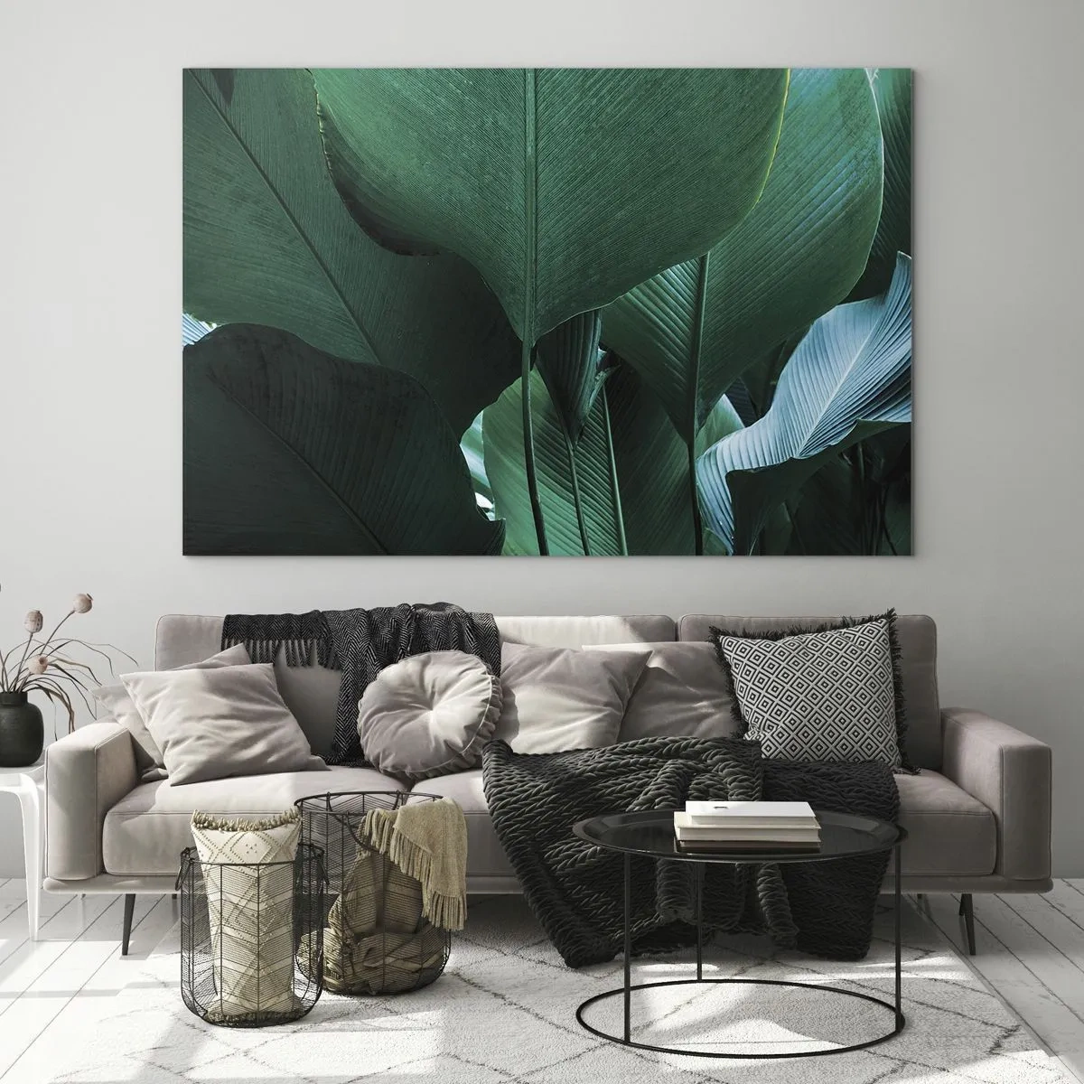 Obraz na skle - Tropické listy v intenzivních odstínech zelené - 70x50cm - Obrácené ke světlu - Moderní nástěnná dekorace do obývacího pokoje a ložnice ARTTOR