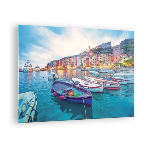 Obraz na skle - Večerní pohled na Cinque Terre s barevnými budovami - 70x50cm - Barevný večer v přístavu - Moderní nástěnná dekorace do obývacího pokoje a ložnice ARTTOR