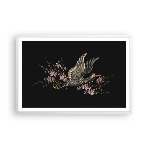 Plakát v bílém rámu - Exotický vyšívaný pták - 91x61 cm