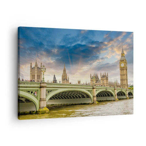 Obraz na plátně - Big Ben a Westminsterský most proti obloze za soumraku - 70x50cm - Čas se zastavil v Impériu - Moderní nástěnná dekorace do obývacího pokoje a ložnice ARTTOR