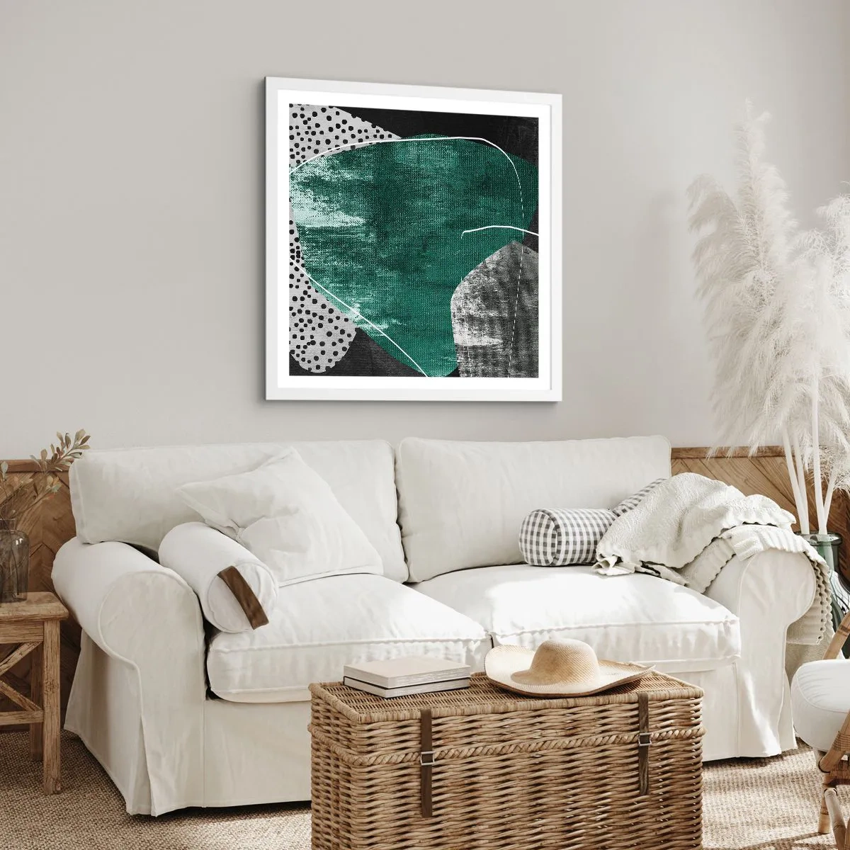 Plakát v bílém rámu - Barevná abstrakce se zlatou vločkou - 30x30 cm