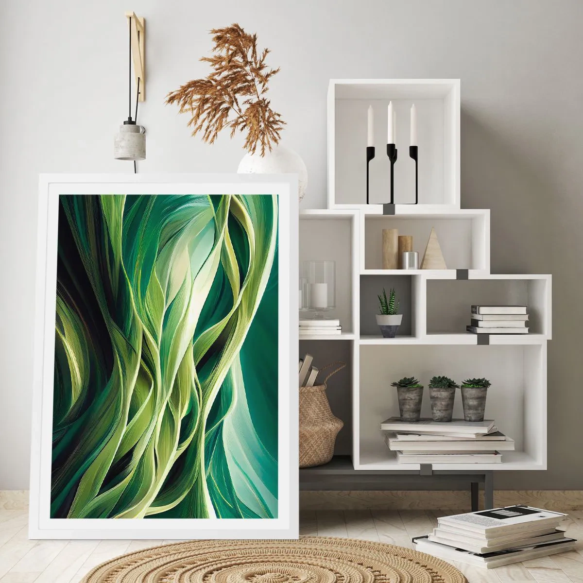 Plakát v bílém rámu - Abstraktní hra na zelenou - 70x100 cm