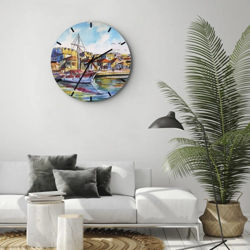 Nástěnné hodiny - Barevný přístav s plachetnicemi a budovami ve středomořském stylu - 30x30cm - Duhové odpoledne - Moderní nástěnná dekorace do obývacího pokoje, kuchyně a ložnice ARTTOR
