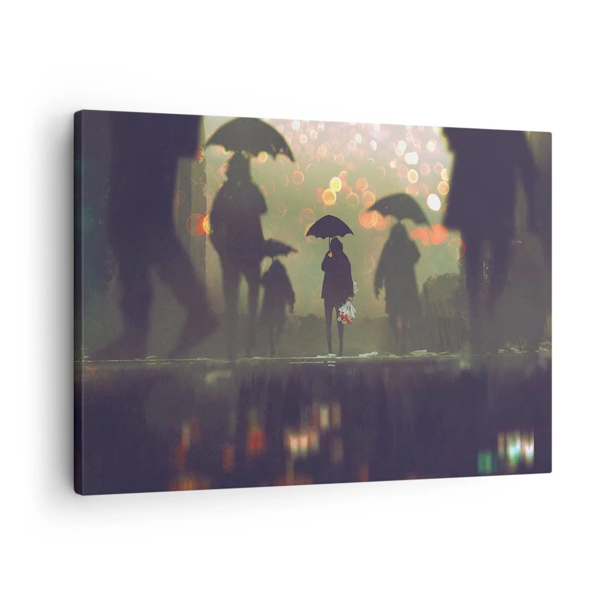 Obraz na plátně - Postava s deštníkem za deštivého večera mezi světly města - 70x50cm - Z perspektivy kapky deště - Moderní nástěnná dekorace do obývacího pokoje a ložnice ARTTOR