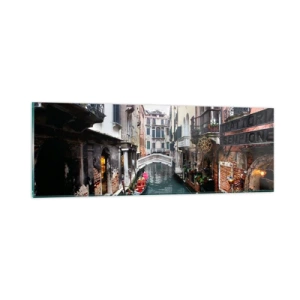 Obraz na skle - Benátská krajina s gondolou a můstkem - 90x30 cm