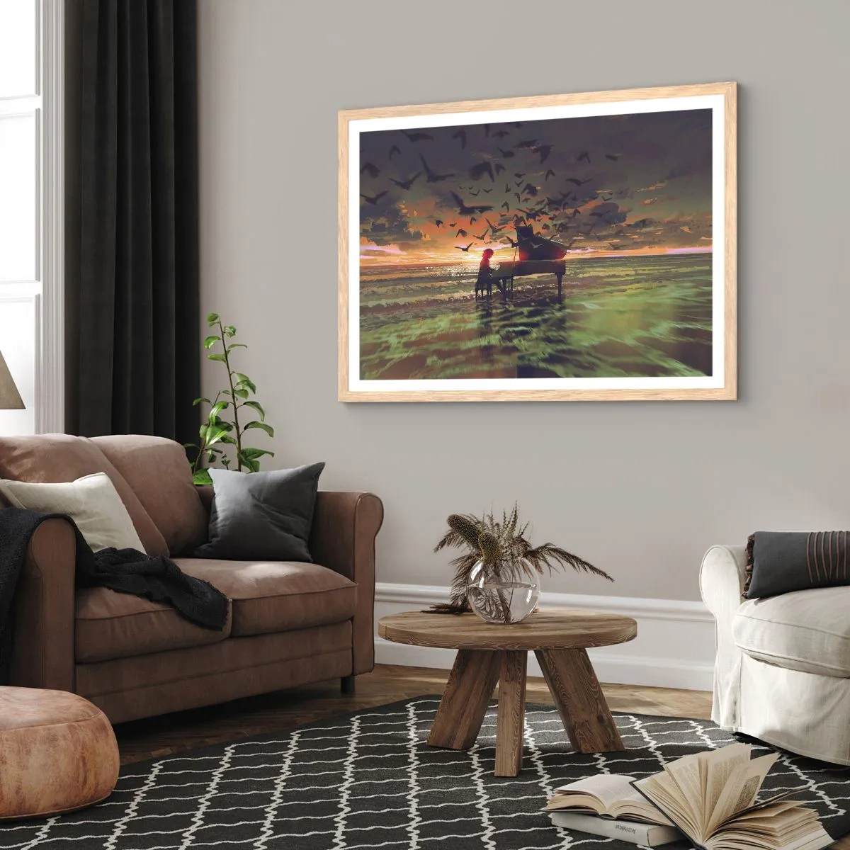 Plakát v rámu světlý dub - Koncert na piano a vlny - 100x70 cm