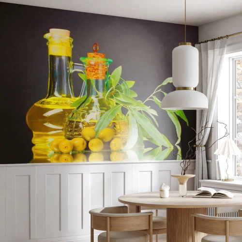 Fototapeta Premium Canvas - Zátiší s olivami a olejem - Gastronomie, Olivy, Olej - 150x105 cm