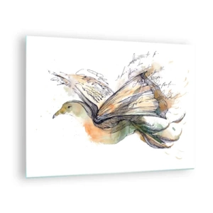 Obraz na skle - Pták z rozvinuté knihy, umělecká metafora pro poznání - 70x50cm - Na křídlech poezie - Moderní nástěnná dekorace do obývacího pokoje a ložnice ARTTOR