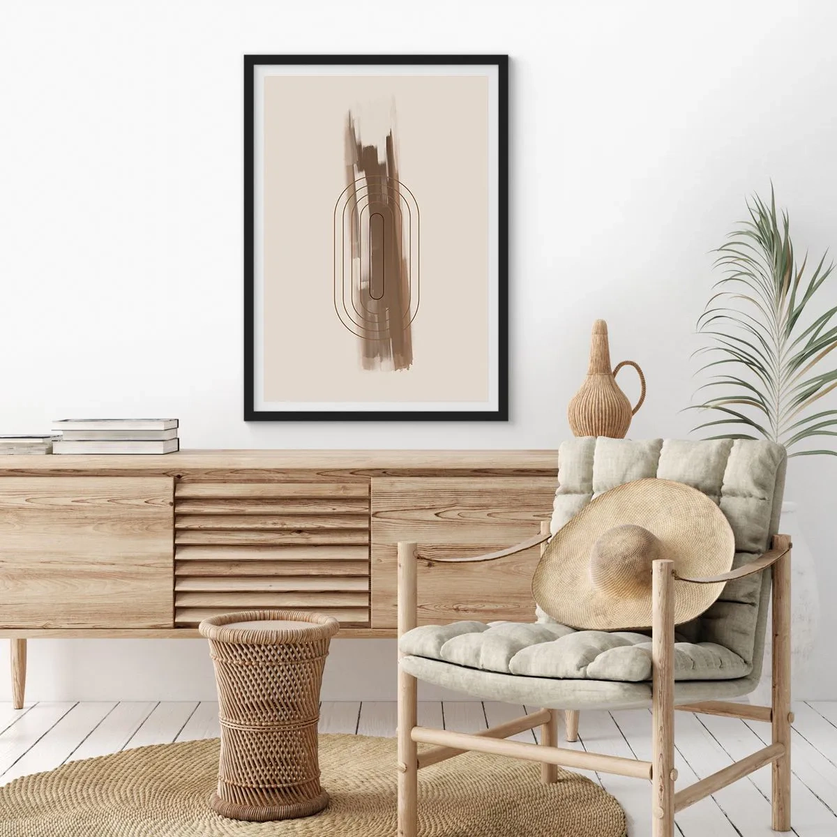 Plakát v černém rámu - Geometrický tvar v odstínech hnědé a béžové - 50x70cm - Závan šedi - Moderní nástěnná dekorace do obývacího pokoje a ložnice ARTTOR