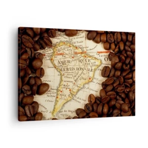 Obraz na plátně - Mapa Jižní Ameriky obklopená kávovými zrny. - 70x50cm - Odkud je nejlepší káva? - Moderní nástěnná dekorace do obývacího pokoje a ložnice ARTTOR