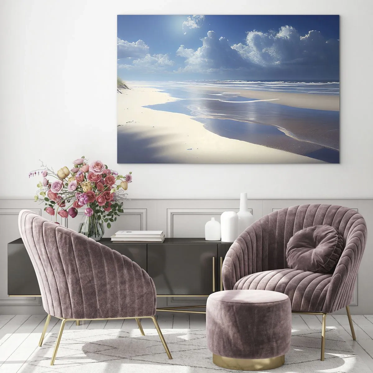 Obraz na skle - Široká písečná pláž a klidné vlny pod modrou oblohou - 70x50cm - Dovolená v ráji - Moderní nástěnná dekorace do obývacího pokoje a ložnice ARTTOR