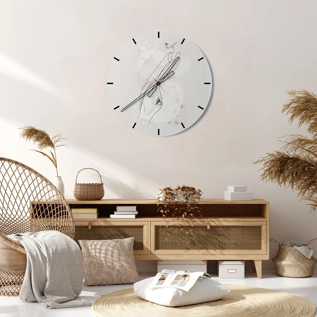 Nástěnné hodiny - Minimalistická silueta ženy nakreslená tenkou čarou na světlém pozadí. - 30x30cm - Zabloudit pohledem - Moderní nástěnná dekorace do obývacího pokoje, kuchyně a ložnice ARTTOR