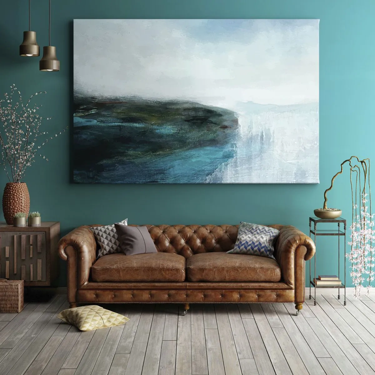 Obraz na plátně - Abstraktní krajina v odstínech tyrkysové a šedé - 70x50cm - Námořní abstrakce - Moderní nástěnná dekorace do obývacího pokoje a ložnice ARTTOR