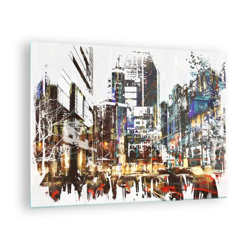 Obraz na skle - Barevná světla města v uměleckém, třpytivém stylu - 70x50cm - Třpytivé město - Moderní nástěnná dekorace do obývacího pokoje a ložnice ARTTOR