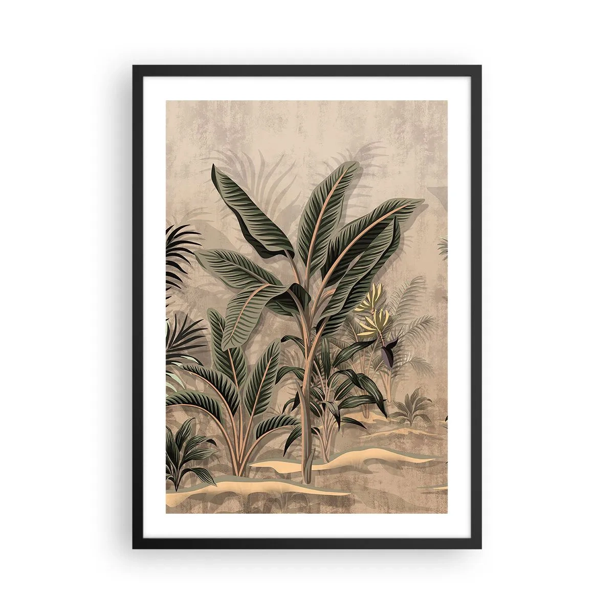 Plakát v černém rámu - Exotická vegetace na béžovém pozadí - 50x70cm - Rytina v koloniálním stylu - Moderní nástěnná dekorace do obývacího pokoje a ložnice ARTTOR