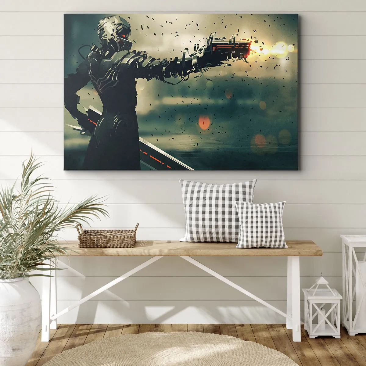 Obraz na plátně - Kybernetický bojovník s futuristickými zbraněmi - 70x50cm - Vražedná zbraň - tvůj vlastní terminátor - Moderní nástěnná dekorace do obývacího pokoje a ložnice ARTTOR