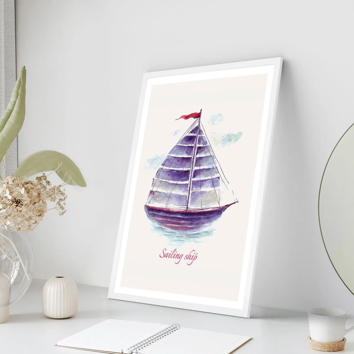 Plakát v bílém rámu - Napnuté plachty a klidná voda - 70x100 cm