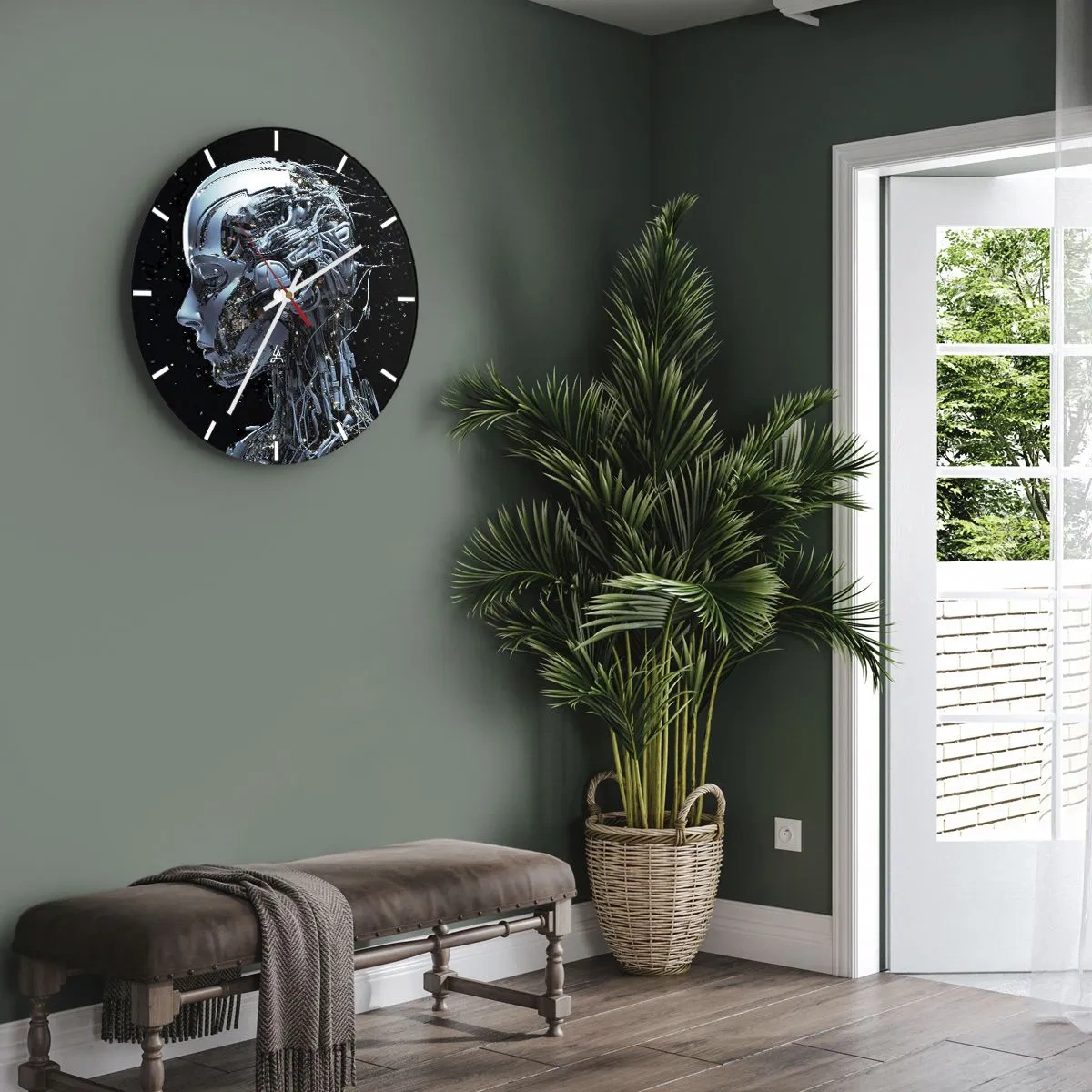 Nástěnné hodiny - Profil humanoidního robota vyrobeného z futuristických kabelů - 30x30cm - Technologie je žena - Moderní nástěnná dekorace do obývacího pokoje, kuchyně a ložnice ARTTOR
