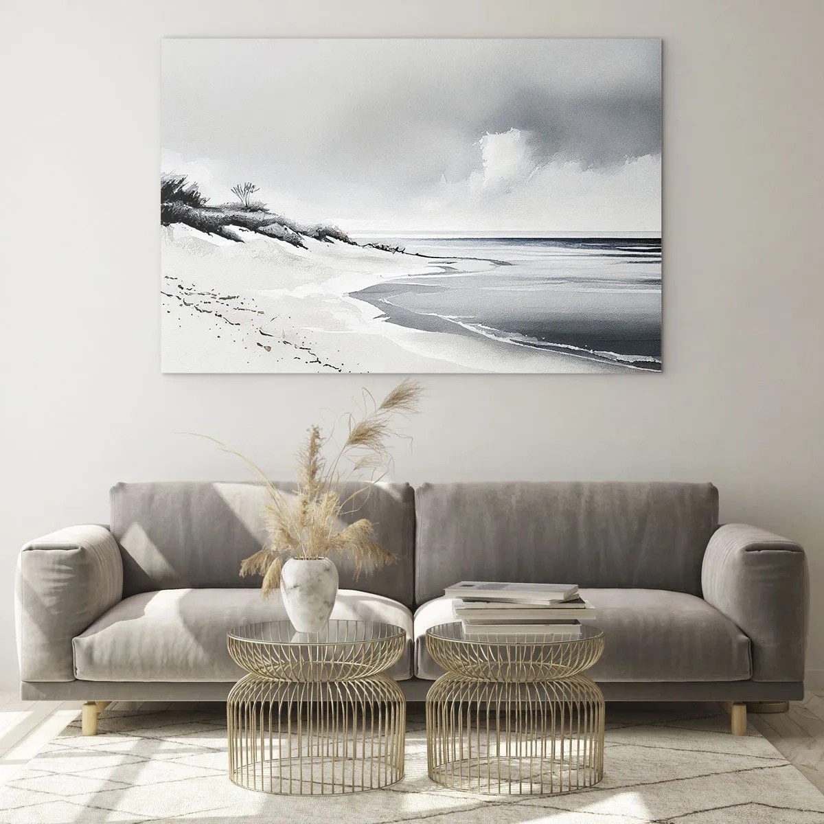 Obraz na skle - Černá a bílá pláž s horizontem a klidným mořem - 70x50cm - Vždycky spolu - Moderní nástěnná dekorace do obývacího pokoje a ložnice ARTTOR