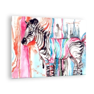 Obraz na skle - Barevná zebra ve stylu akvarelu - 70x50cm - Bezstarostný vtip přírody - Moderní nástěnná dekorace do obývacího pokoje a ložnice ARTTOR