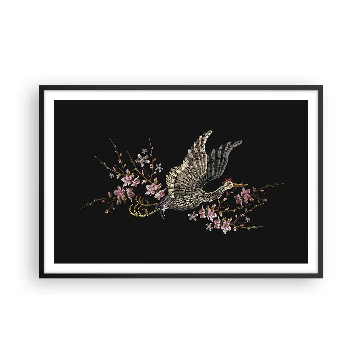 Plakát v černém rámu - Exotický vyšívaný pták - 91x61 cm