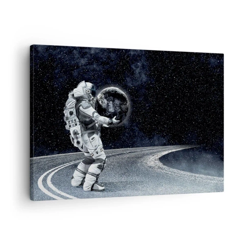 Obraz na plátně - Astronaut se Zemí proti hvězdné obloze - 70x50cm - Na Mléčné dráze - Moderní nástěnná dekorace do obývacího pokoje a ložnice ARTTOR