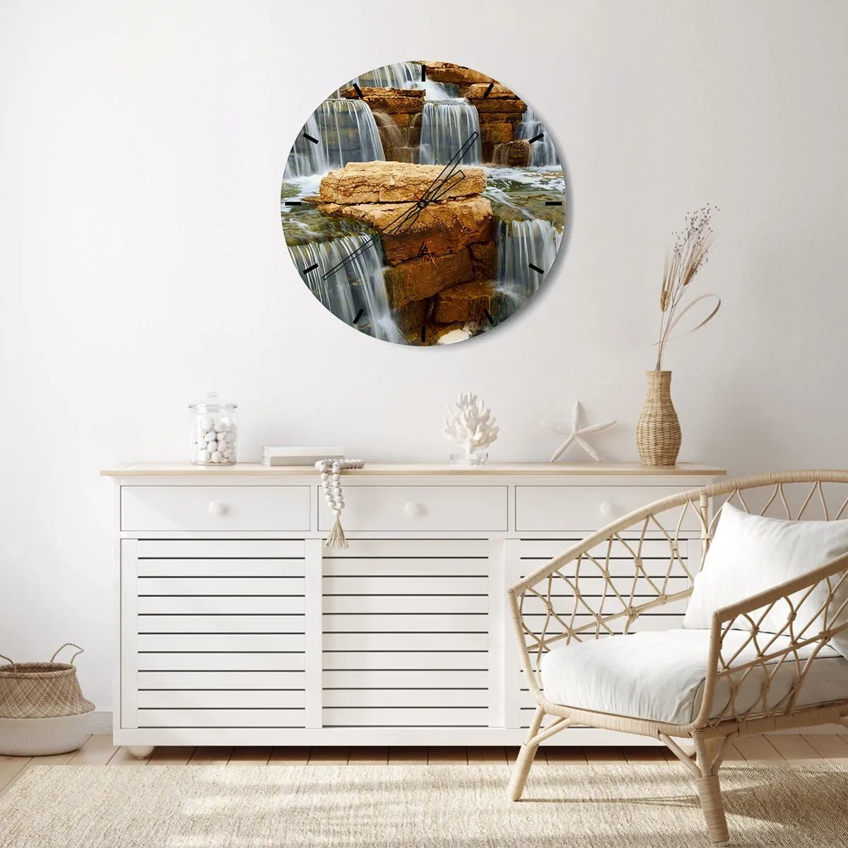 Nástěnné hodiny - Vodopád kaskádovitě na pozadí skal - 30x30cm - Schody do nebe - Moderní nástěnná dekorace do obývacího pokoje, kuchyně a ložnice ARTTOR