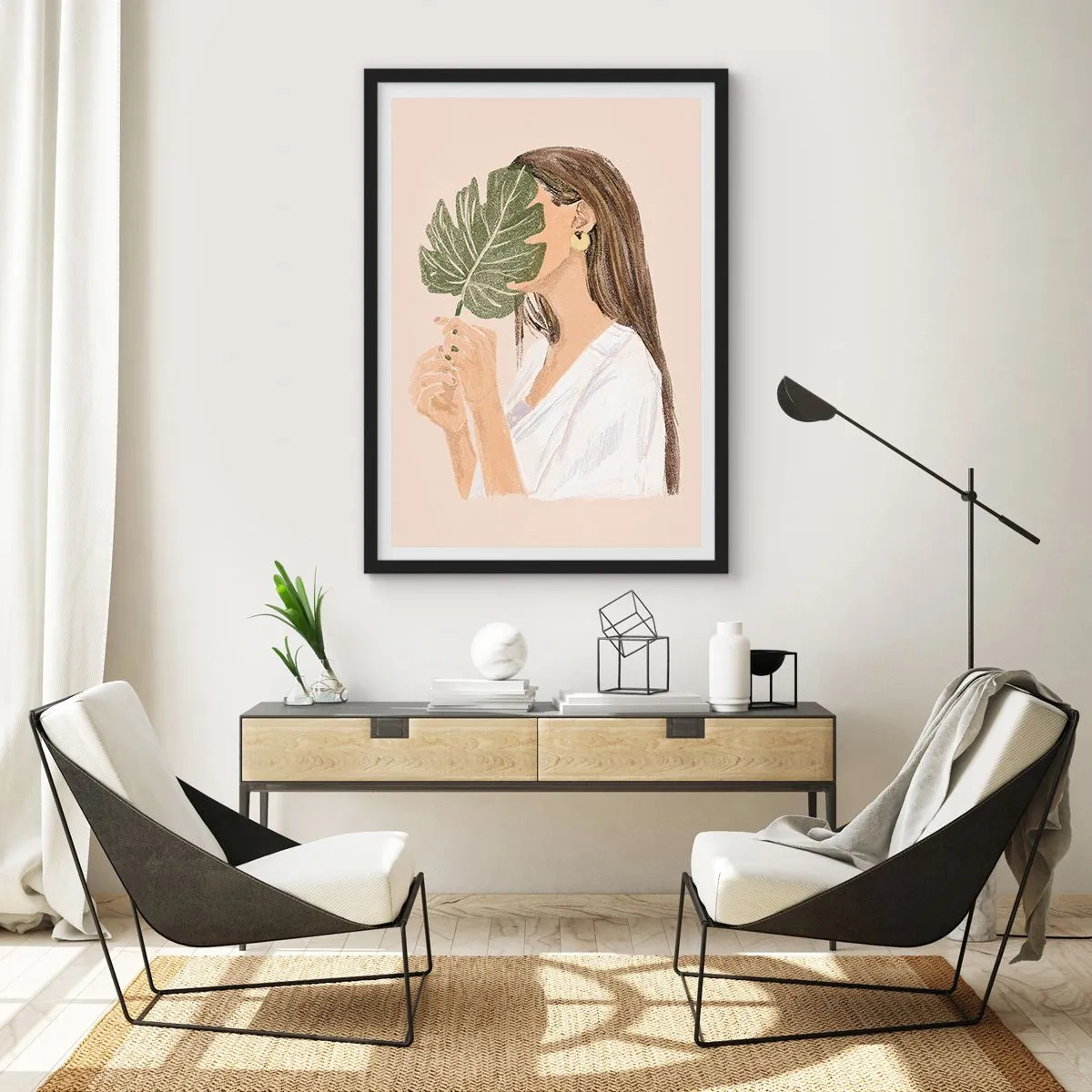 Plakát v černém rámu - Žena si zakrývající obličej listem monstery. - 50x70cm - Tajemný portrét s vějířem - Moderní nástěnná dekorace do obývacího pokoje a ložnice ARTTOR