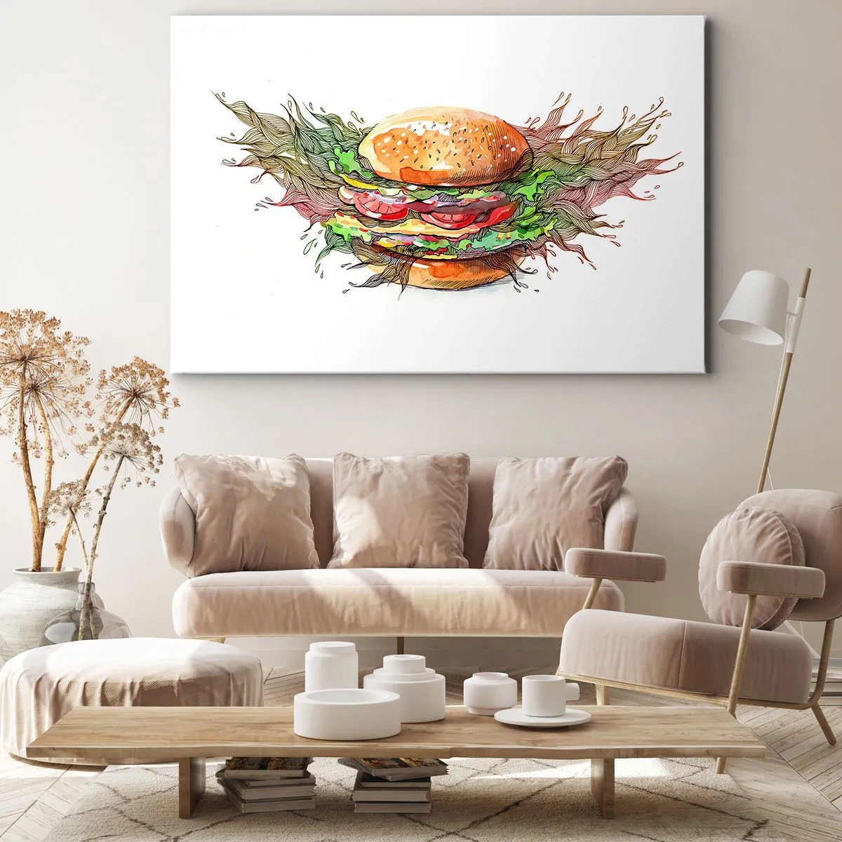 Obraz na plátně - Umělecká ilustrace burgeru s dynamickými prvky - 70x50cm - Žhavé pokušení - Moderní nástěnná dekorace do obývacího pokoje a ložnice ARTTOR
