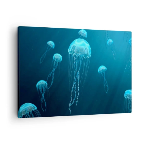 Obraz na plátně - Medúzy plovoucí v hlubinách oceánu v modrých tónech - 70x50cm - Oceánský tanec - Moderní nástěnná dekorace do obývacího pokoje a ložnice ARTTOR