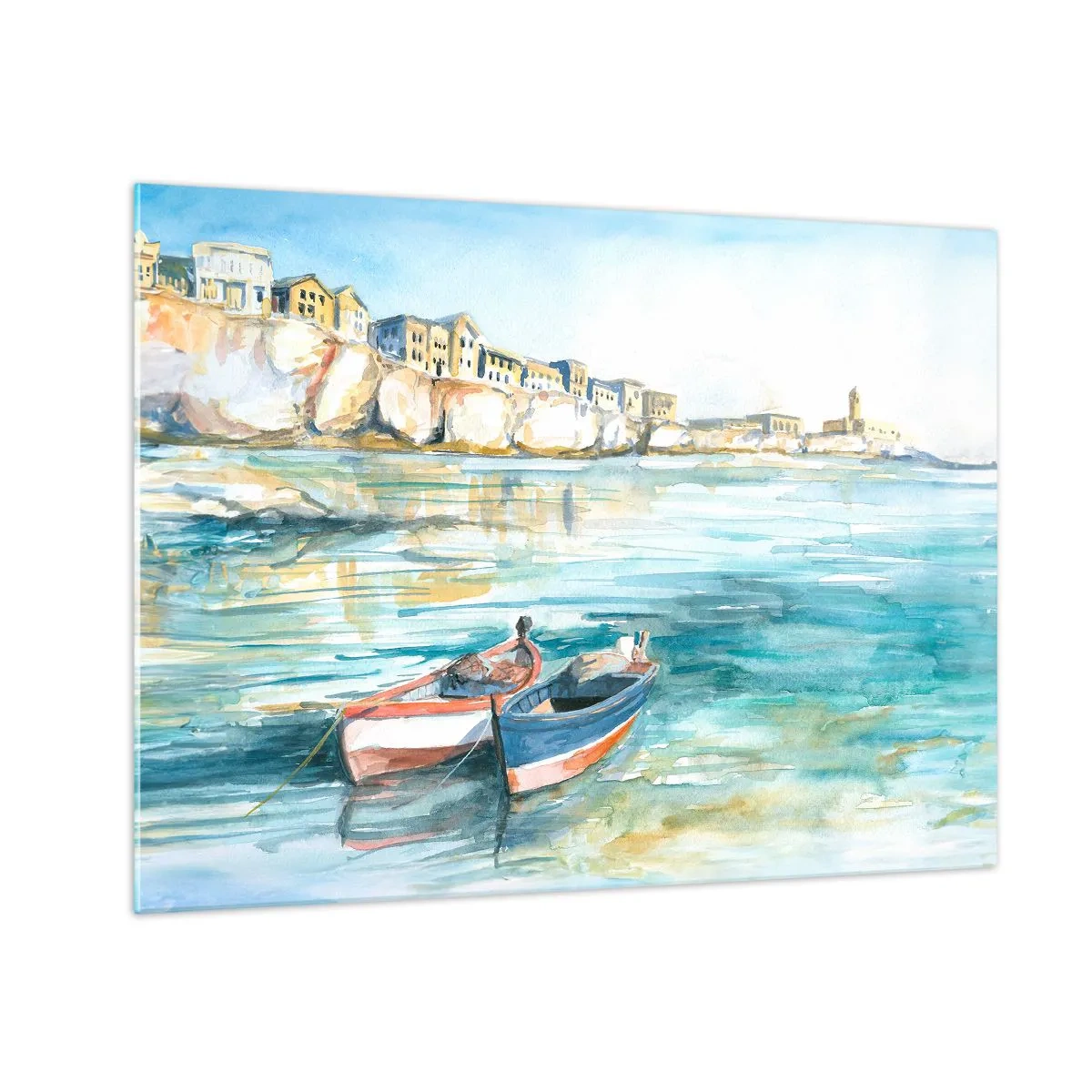 Obraz na skle - Akvamarínová zátoka s loděmi a budovami na útesu - 70x50cm - Krajina v modří - Moderní nástěnná dekorace do obývacího pokoje a ložnice ARTTOR