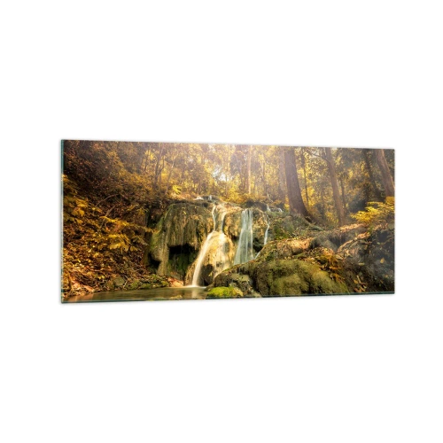 Obraz na skle - Lesní vodopád v zelené - 120x50 cm