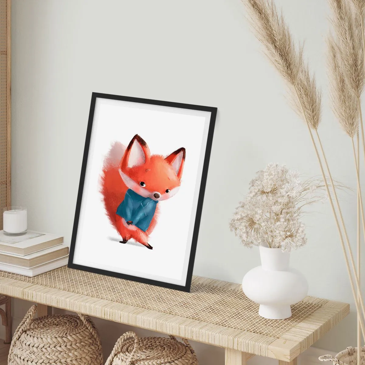 Plakát v černém rámu - Okouzlující liška v modrém svetru - 50x70cm - Sluší mi to? - Moderní nástěnná dekorace do obývacího pokoje a ložnice ARTTOR