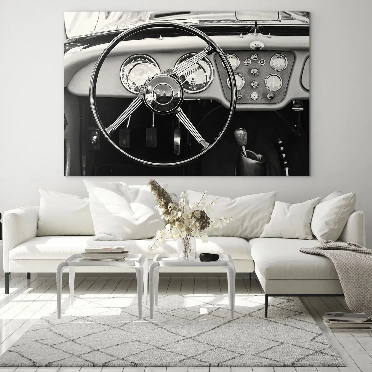 Obraz na skle - Volant a hodiny klasického auta v sépiové barvě - 70x50cm - Sen sběratele - Moderní nástěnná dekorace do obývacího pokoje a ložnice ARTTOR