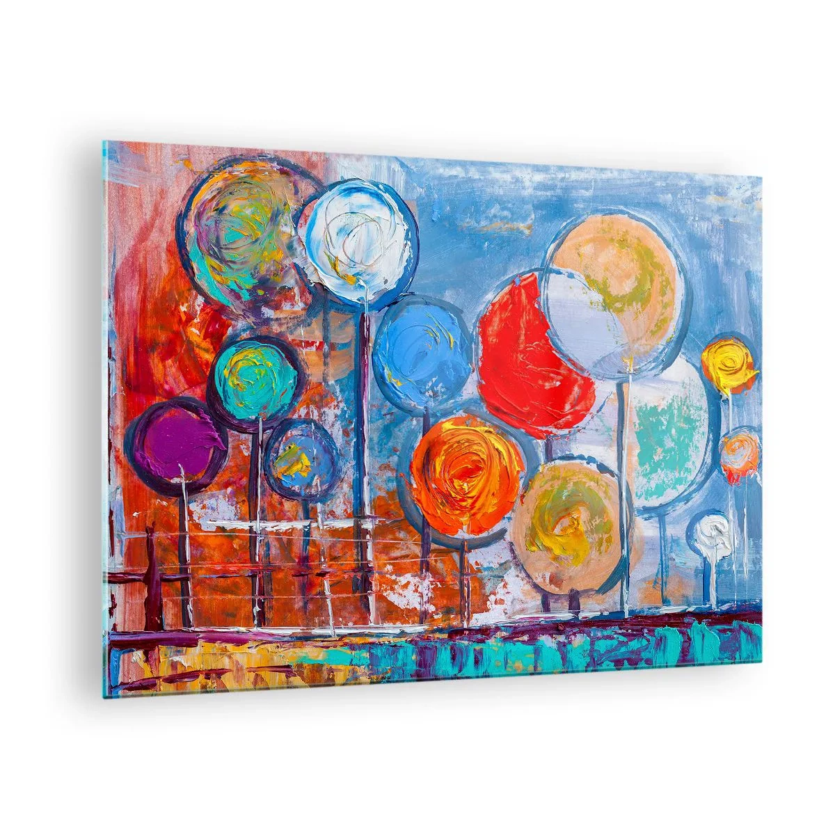 Obraz na skle - Barevné, abstraktní stromy namalované proti obloze - 70x50cm - Zázraky na tyči - Moderní nástěnná dekorace do obývacího pokoje a ložnice ARTTOR
