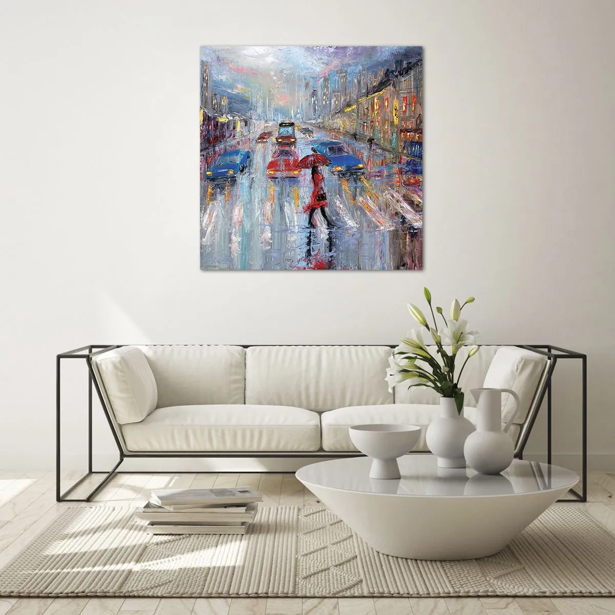 Obraz na skle - Deštivé odpoledne ve městě - 70x70 cm