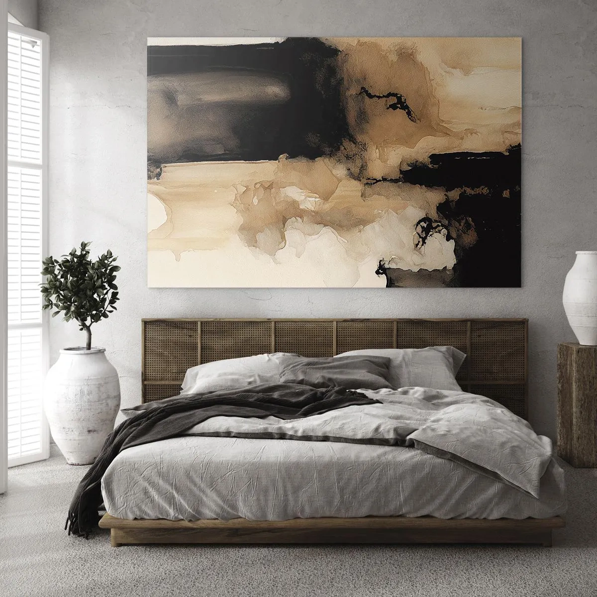 Obraz na skle - Abstraktní tvar v černé a hnědé barvě na světlém pozadí - 70x50cm - Poutavá abstrakce - Moderní nástěnná dekorace do obývacího pokoje a ložnice ARTTOR